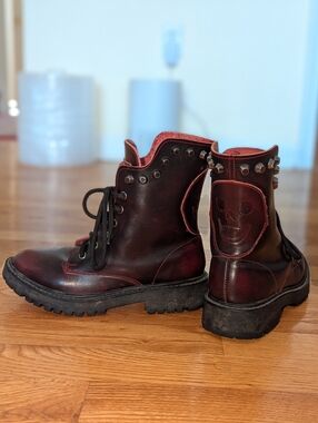 Burgundy Leather Combat Boots with Skull Accent